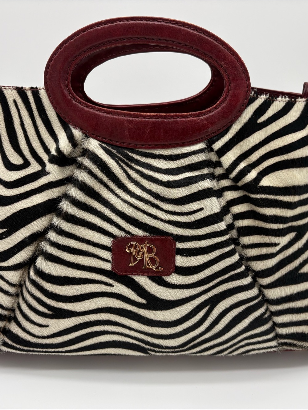 Italian Made Marco Buggiani Zebra Print Cowhide Tote with Burgundy leather Trim